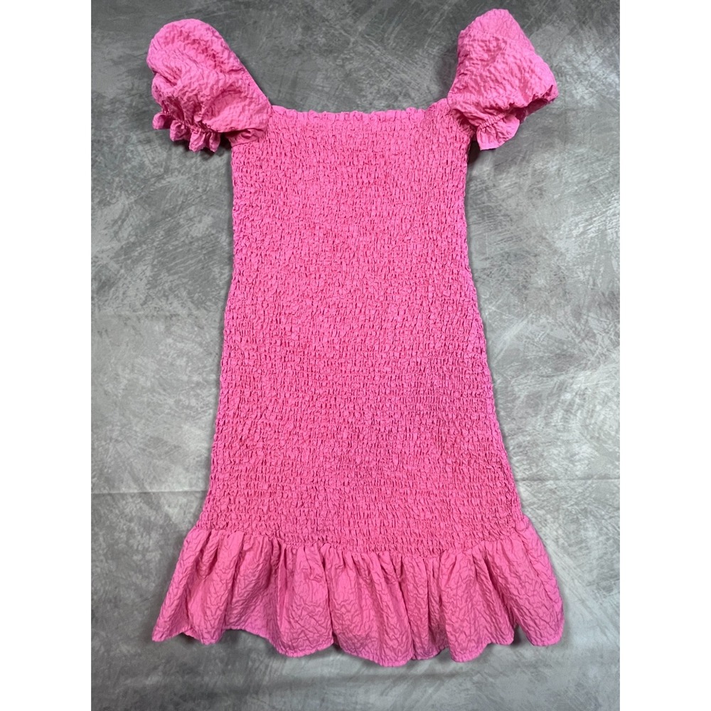 Zara Ruffled Mini Dress Womens Small Hot Pink Puff Sleeve Fitted Smocked Bodice